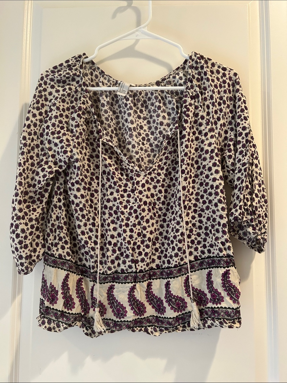 Forever 21 Floral Paisley Boho Peasant Rayon Blouse tassel jewel ties size S